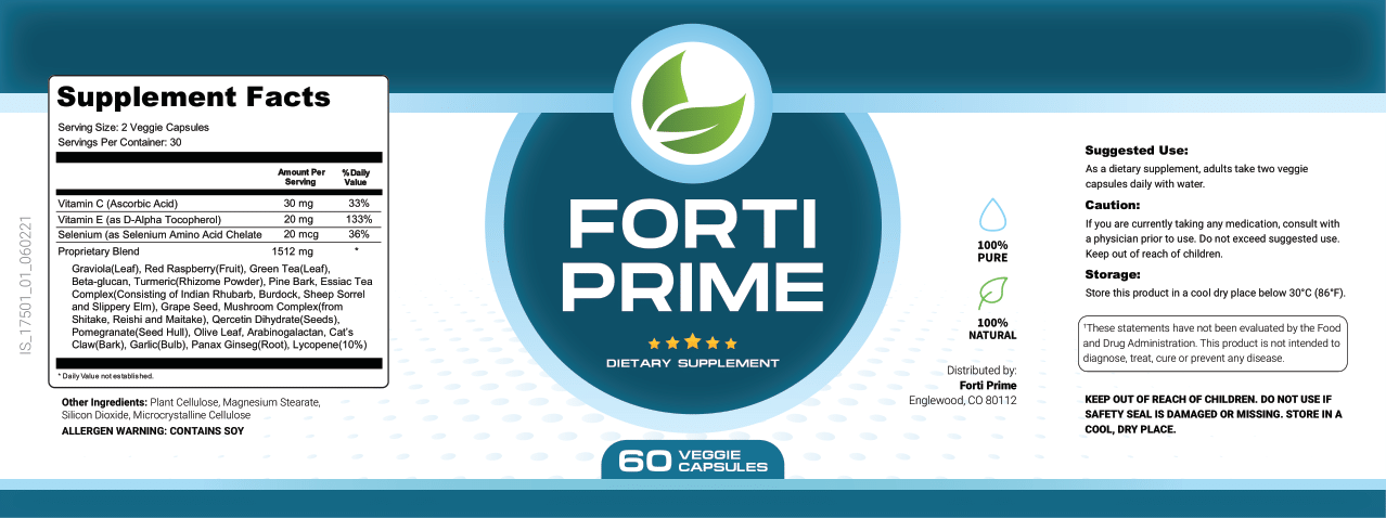 Forti Prime Nutritional Supplement Facts Label